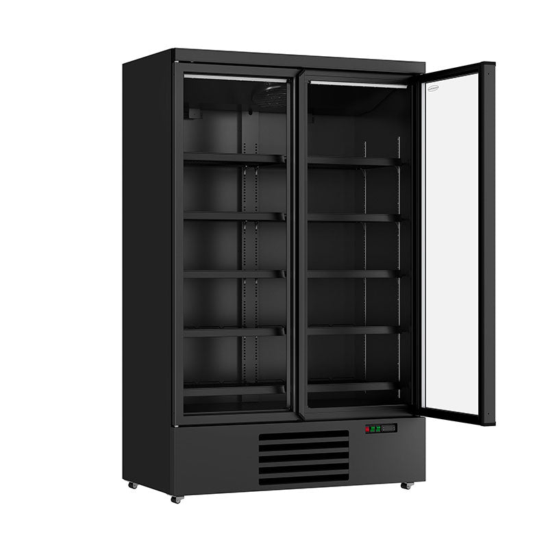 Getraenkekuehlschrank-schwarz-2-Tueren-offen