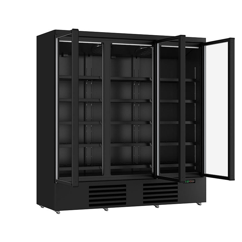 Getraenkekuehlschrank-schwarz-3-Tueren-offen