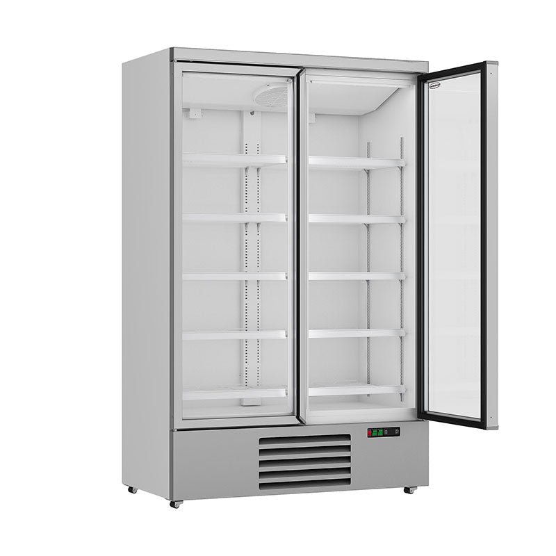 Getraenkekuehlschrank-silber-2-Tueren-offen