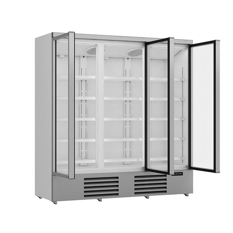 Getraenkekuehlschrank-silber-3-Tueren-offen
