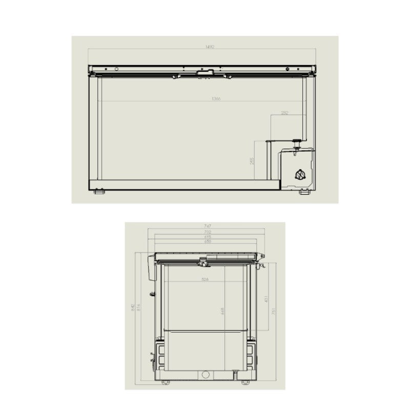 Tiefkühlschrank Weiß mit Edelstahldeckel Skizze